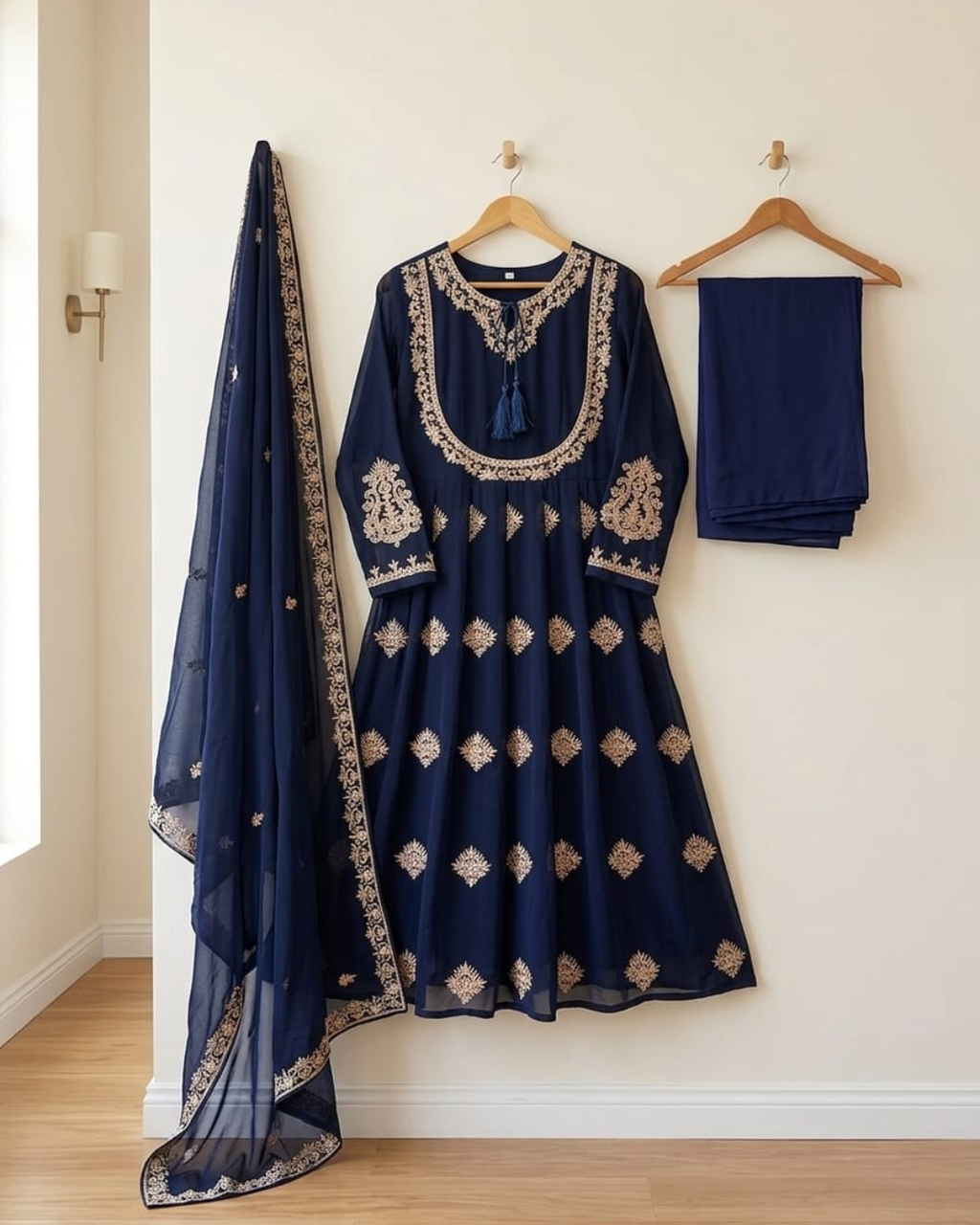 3PCS  STITCHED CHIFFON EMBROIDERED SUIT