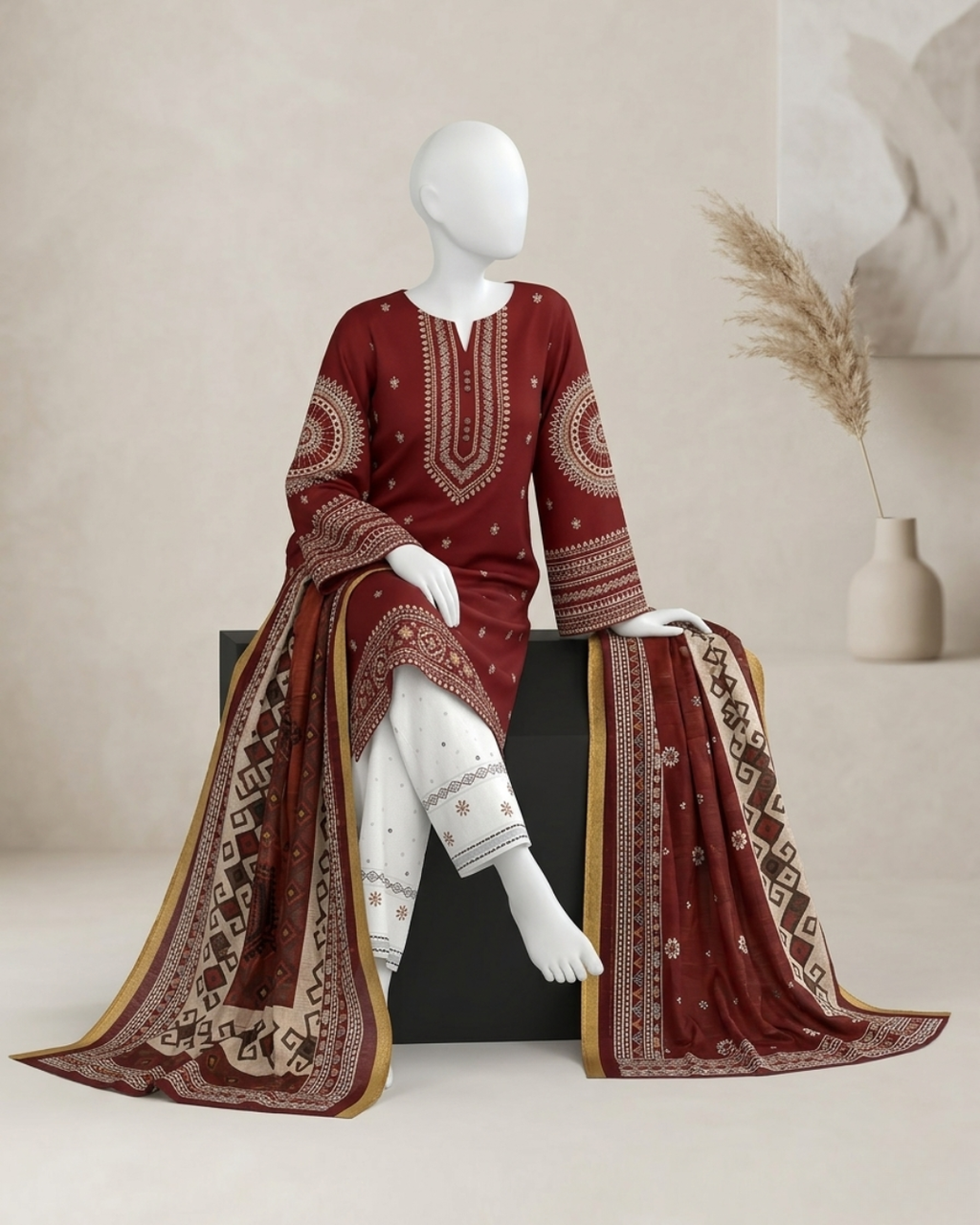 3PCS UNSTITCHED LAWN EMBROIDERED SUIT