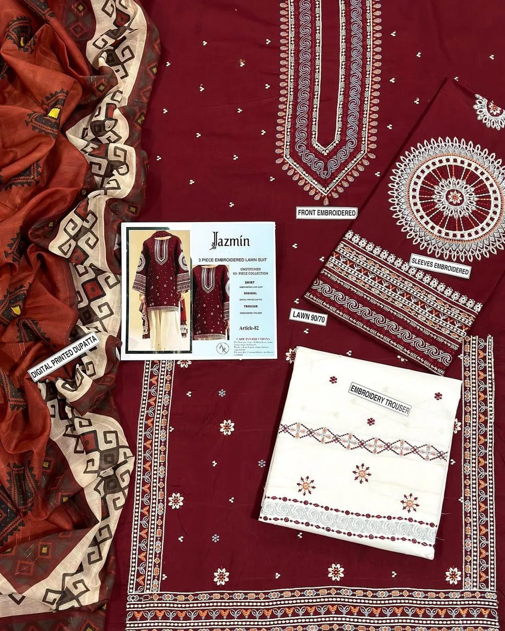 3PCS UNSTITCHED LAWN EMBROIDERED SUIT