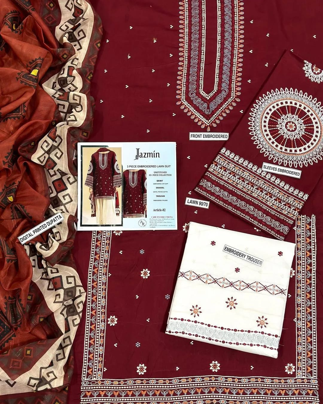3PCS UNSTITCHED LAWN EMBROIDERED SUIT