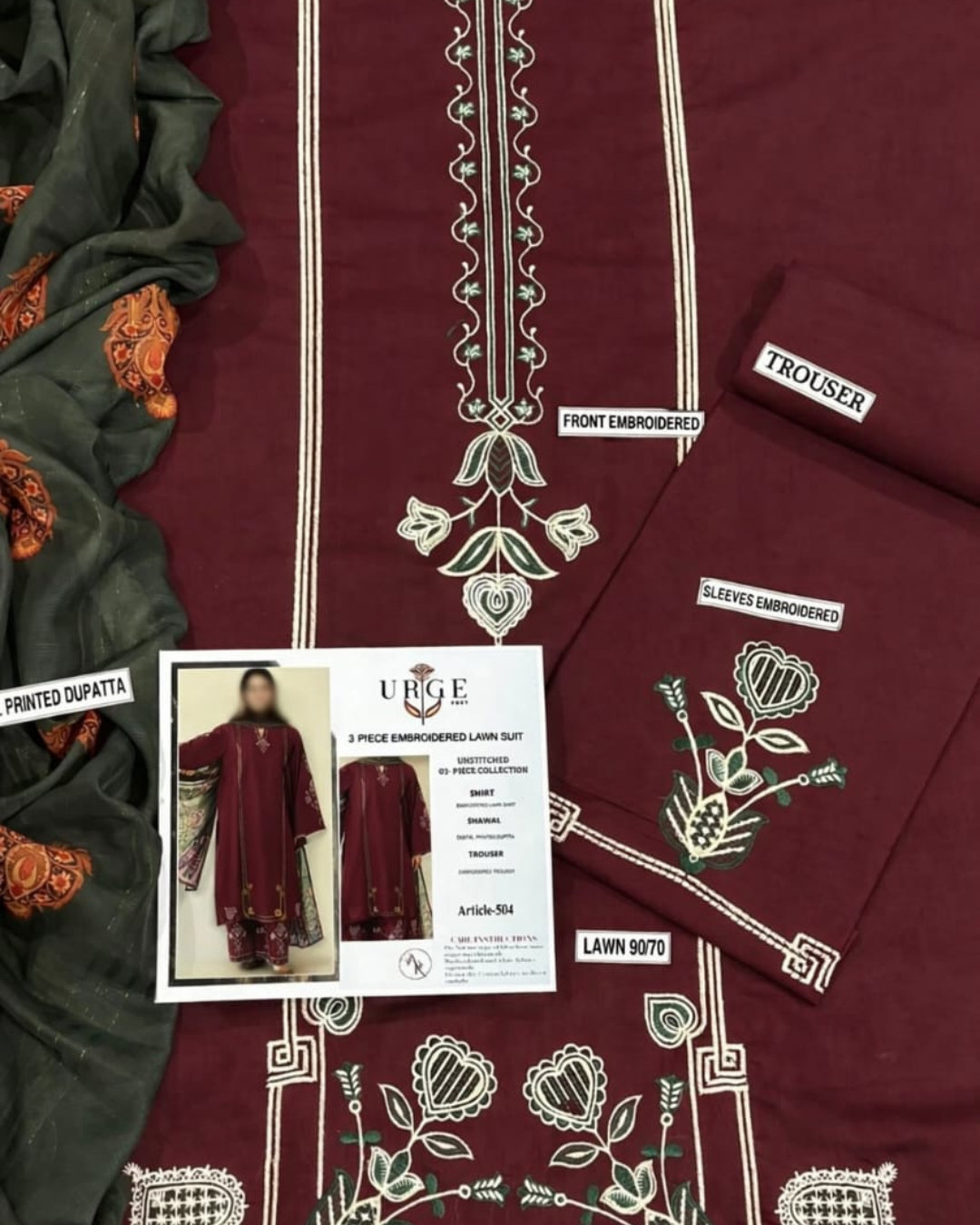 3PCS  UNSTITCHED LAWN EMBROIDERED SUIT