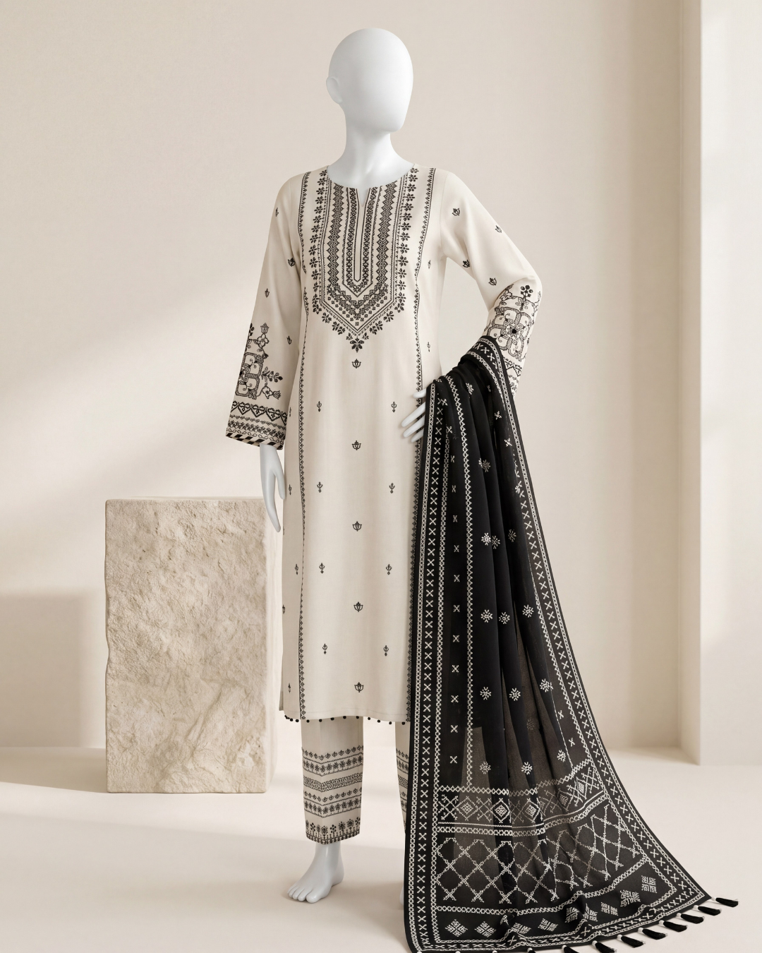 3PCS  STITCHED COTTON EMBROIDERED SUIT