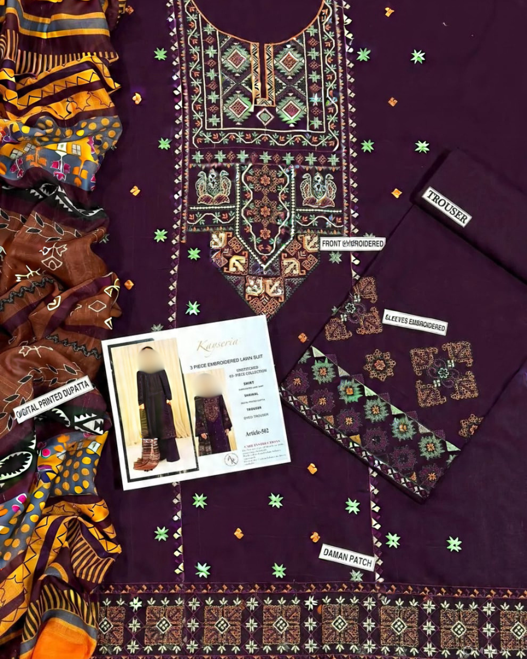 3PCS  UNSTITCHED LAWN EMBROIDERED SUIT